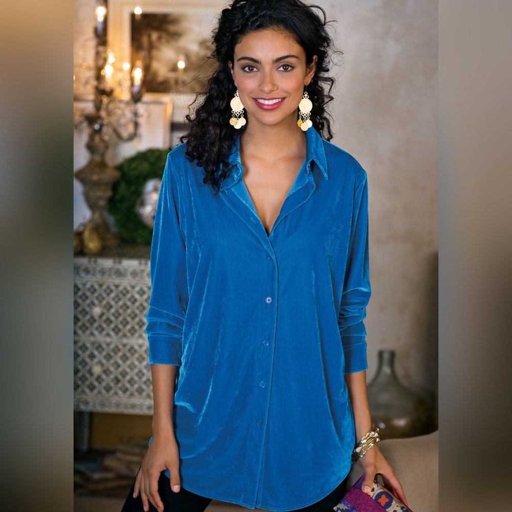 Soft Surroundings Cobalt Blue Velvet Boyfriend Tunic Shirt Sz L